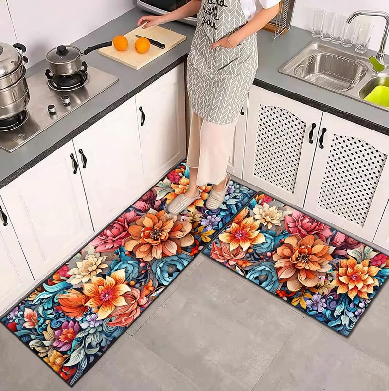 UYDOXCU Colorful Flower Kitchen Rug 2 Piece Set, Boho Decor Kitchen Floor Mat, Non-Slip Absorbent and Washable Home Decoration Carpet 17 * 30+17 * 47 Inches - Image 4